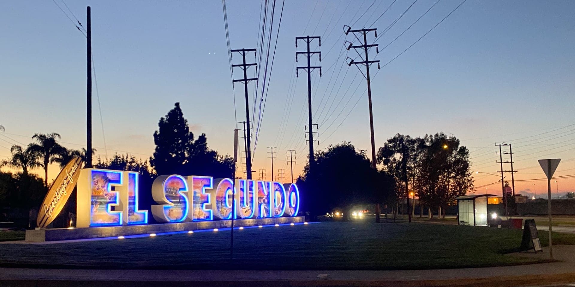 The illuminated El Segundo welcome sign at the entrance to the city